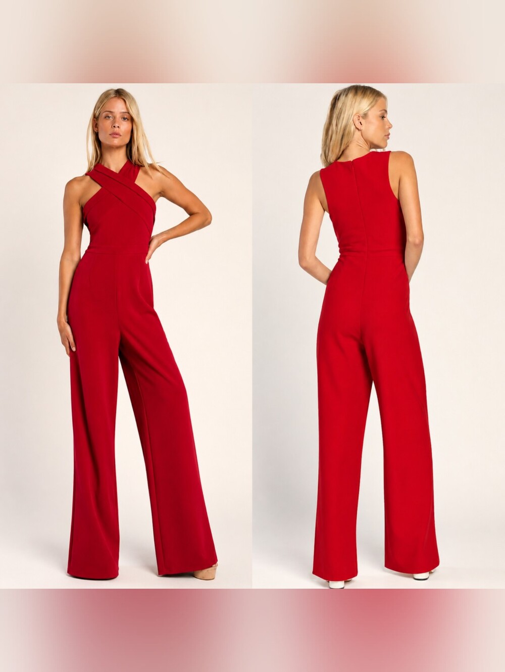 Lulus Criss-Cross Your Mind Red Cross-Front Wide-Leg Jumpsuit S Wedding Party